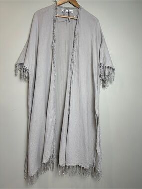 Zara 100% Cotton Kimono fringed bathing suit cover up Cape gray boho Lagenlook